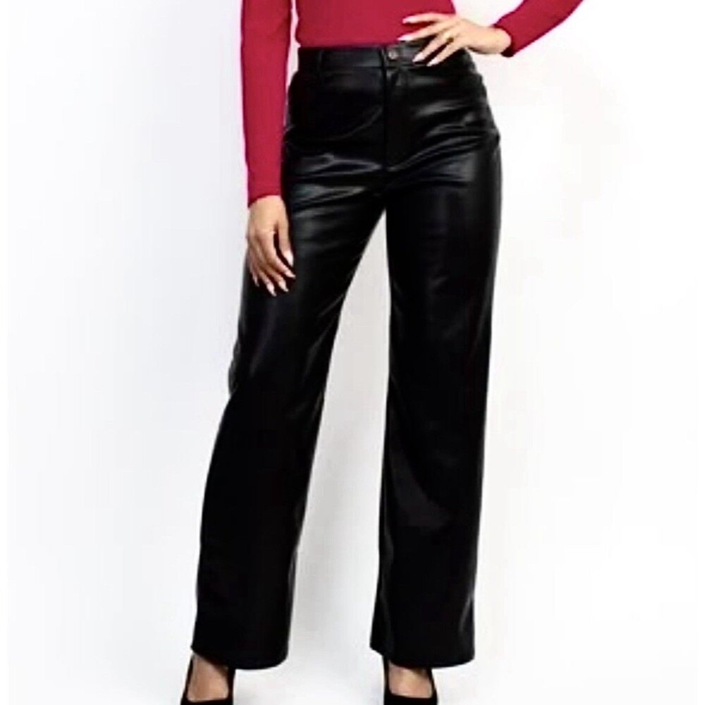 IRIS Faux Leather Wide Leg Pants Black Zip Front Women’s Size L